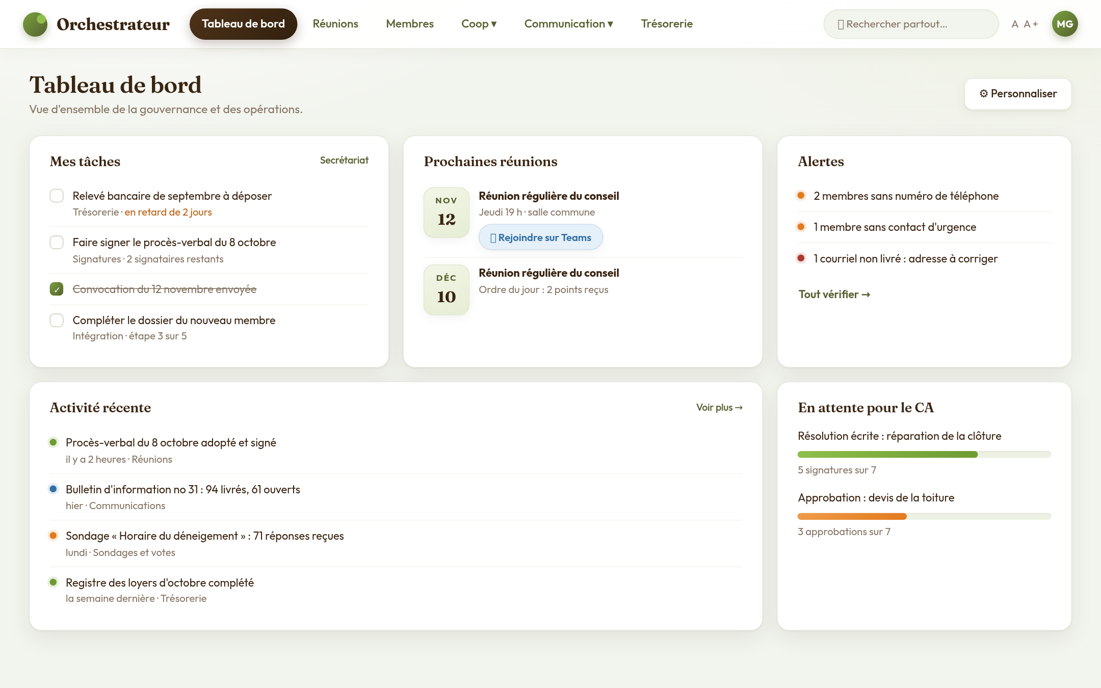 Tableau de bord de la plateforme Orchestrateur